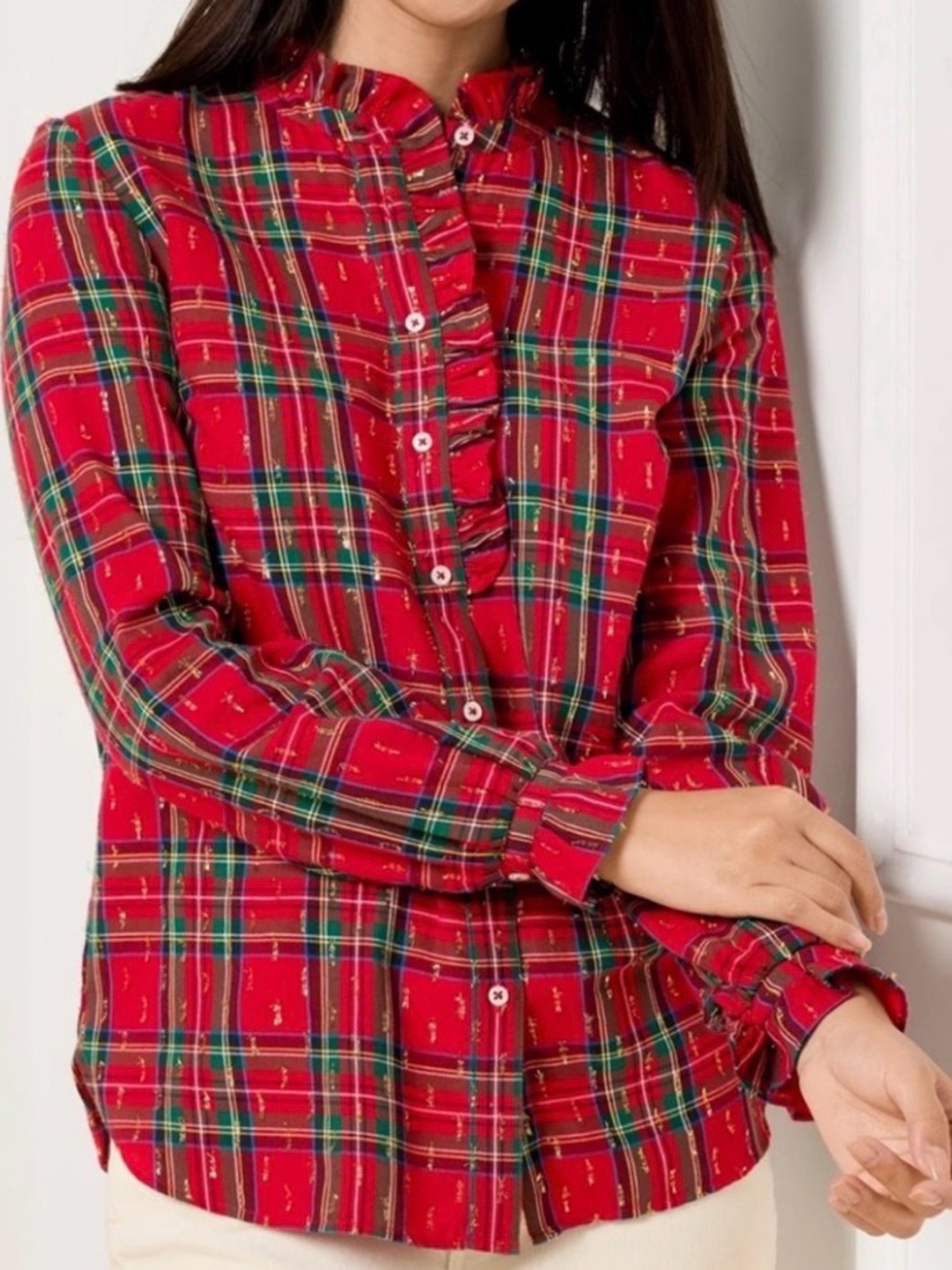 Talbots Red Plaid Ruffle Button-Down Shirt Metallic Details Preppy Holiday SZ‎ M